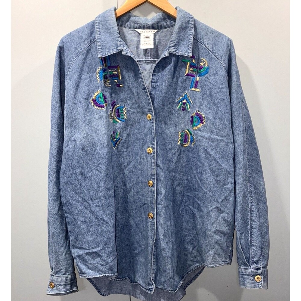 Vintage Embroidered Denim Shirt Southwestern Geometric Teal Gold Button Down XL
